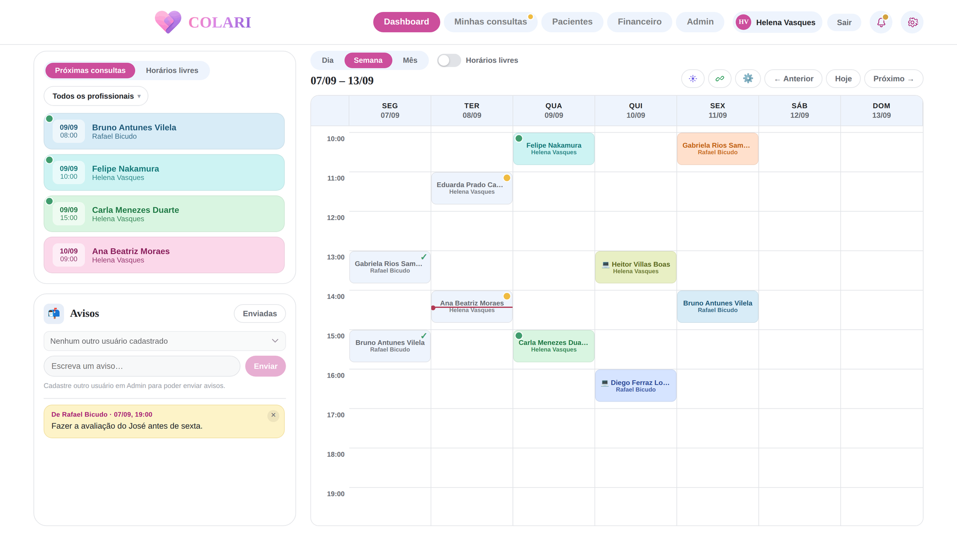 Dashboard do Colari com a agenda da semana e o card de avisos