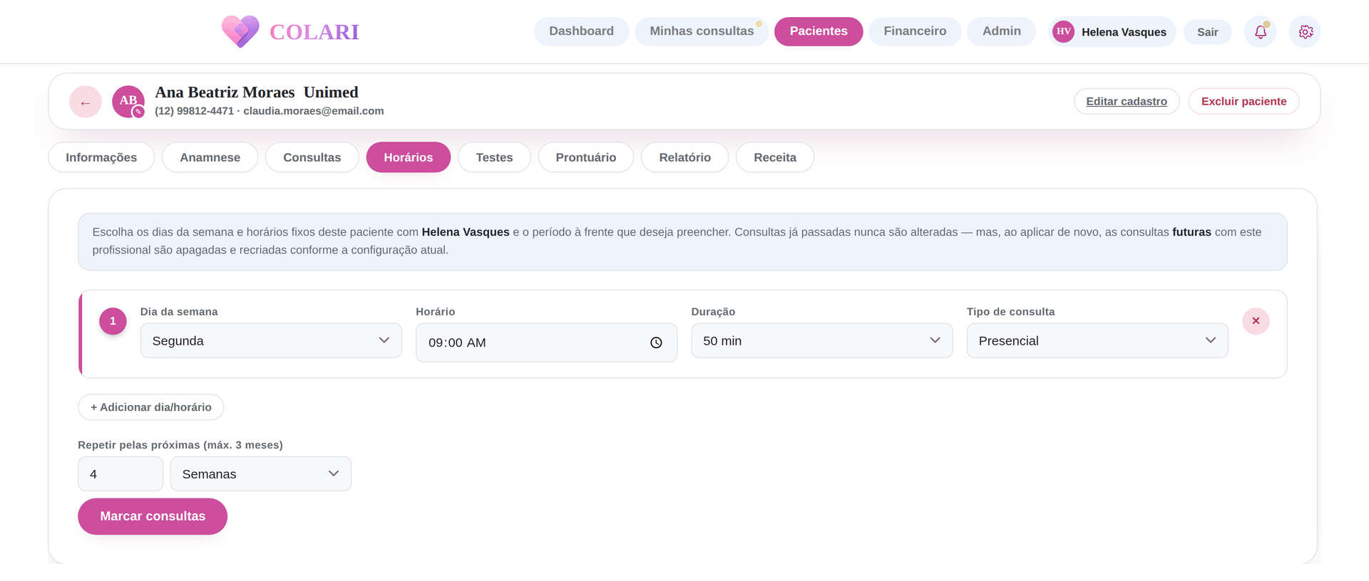 Aba Horários de um paciente, com dias da semana e repetição