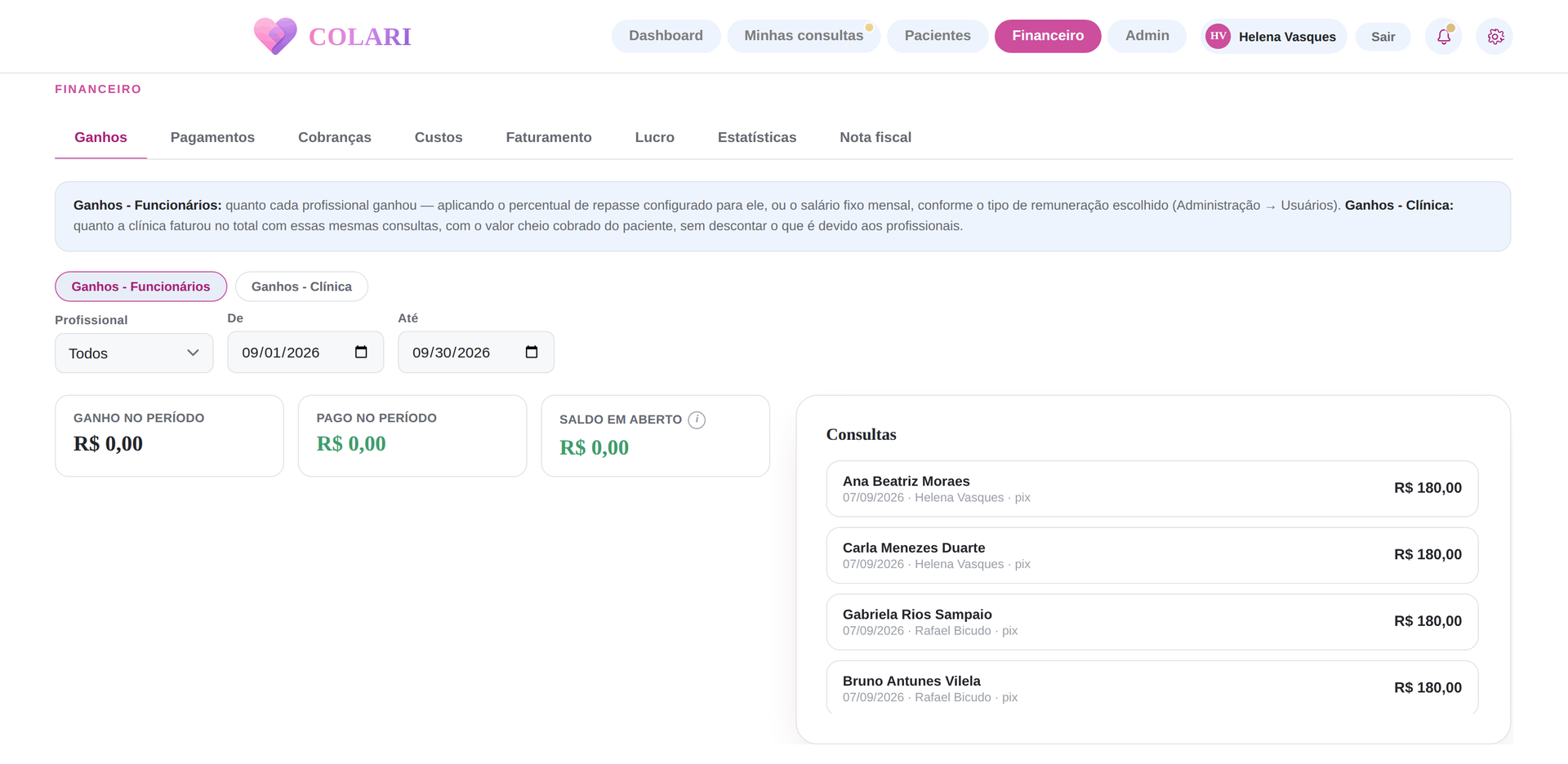 Aba Ganhos do Financeiro, com filtros por profissional e período e os totais