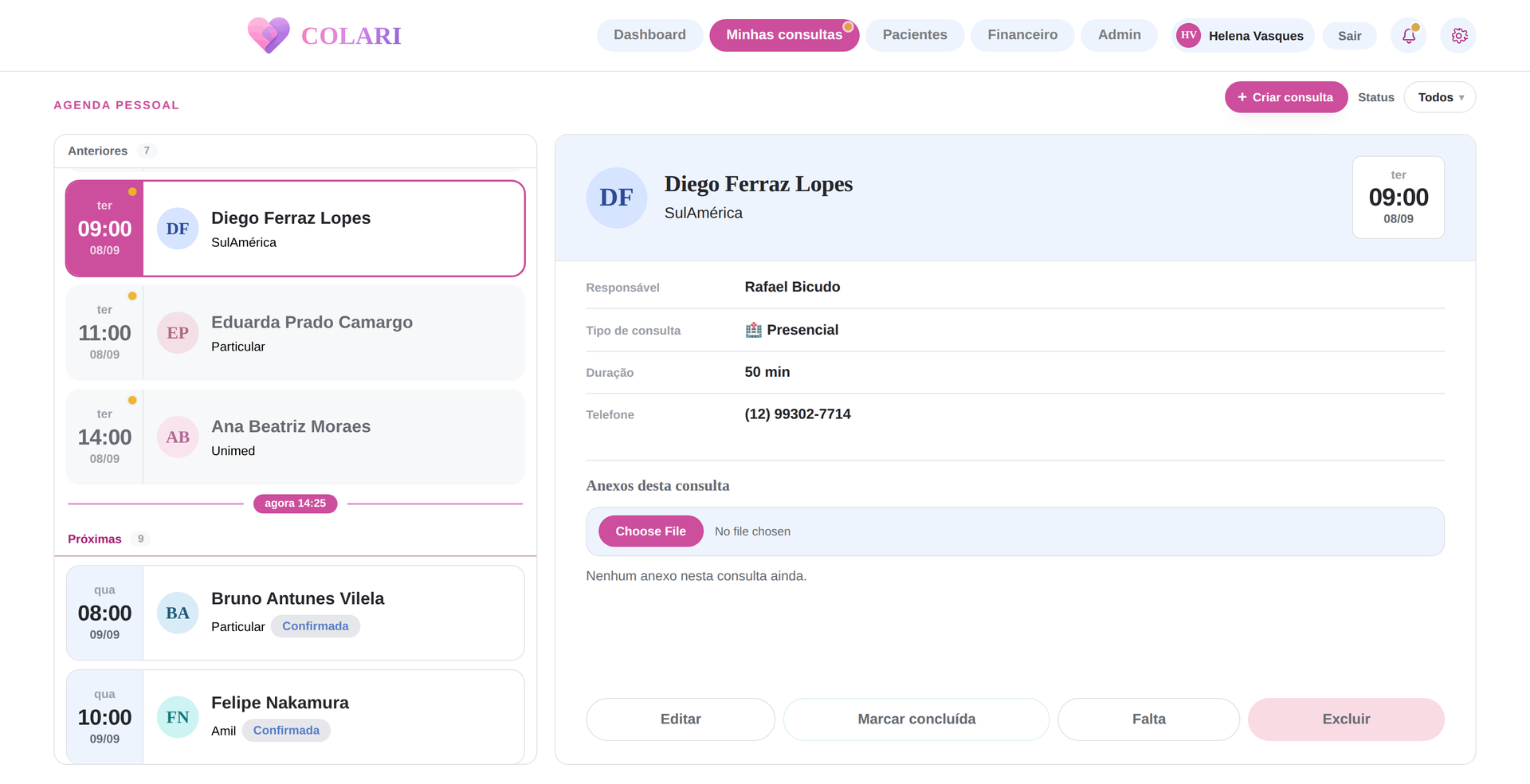 Tela Minhas consultas com a lista de sessões e o painel de detalhe