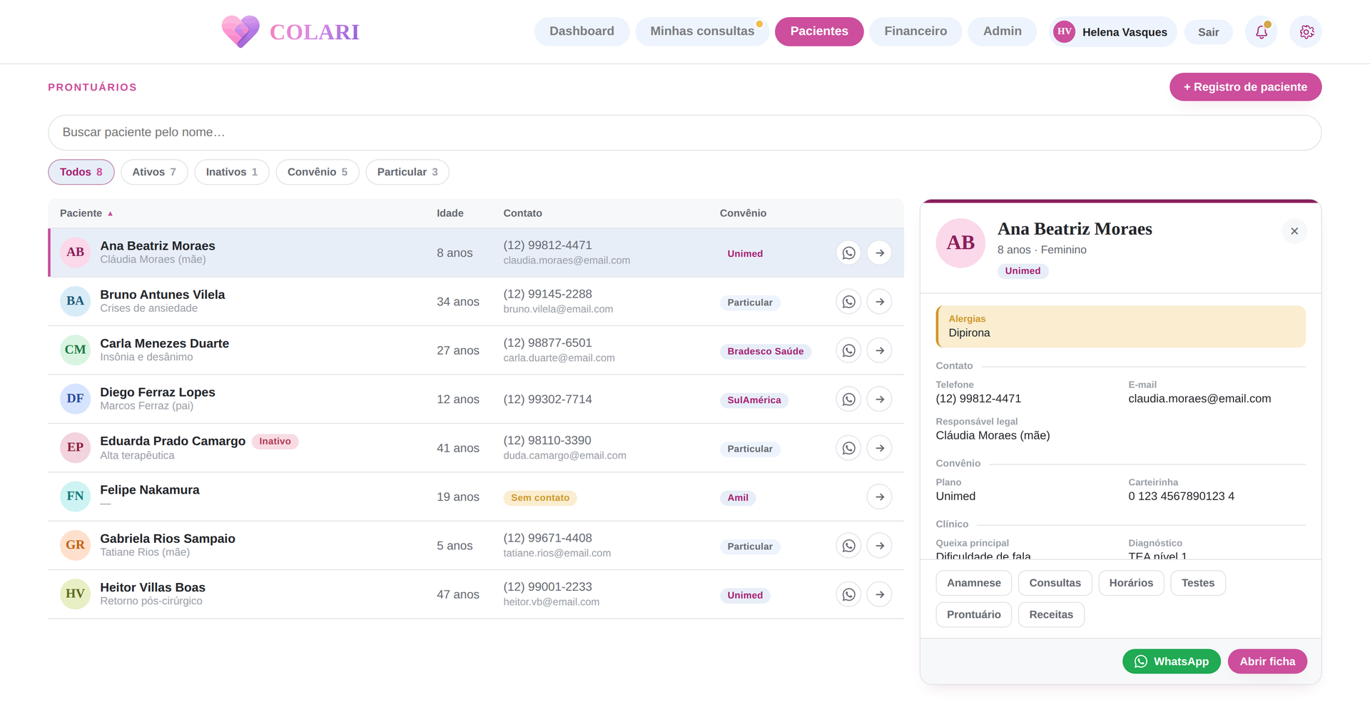 Lista de pacientes do Colari, com busca, filtros e o resumo do paciente selecionado
