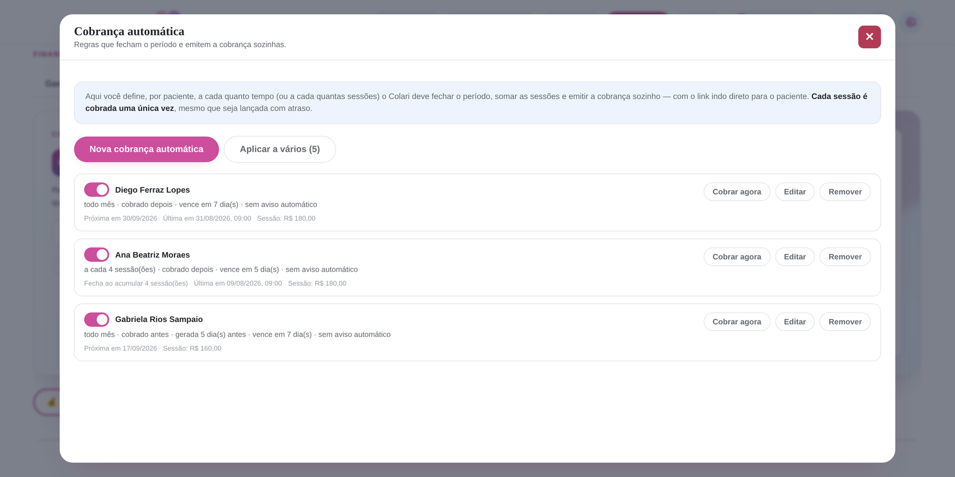 Sub-aba Automático, com as regras de cobrança por paciente